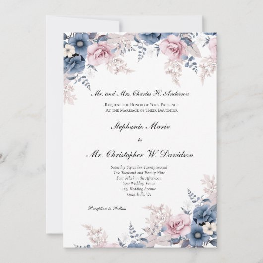 Dusty Blauw Roze Waterverf Bloemen Elegante Bruilo Kaart (Voorkant)