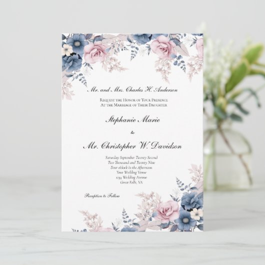 Dusty Blauw Roze Waterverf Bloemen Elegante Bruilo Kaart (Staand voorkant)