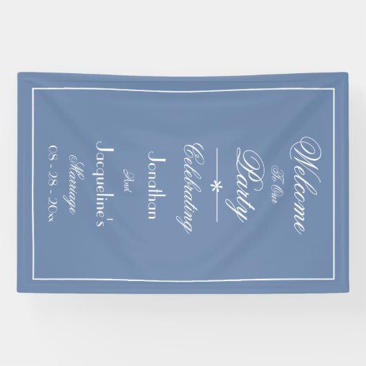 Dusty Blauw Script Elegant Bruiloft Welkom Achterg Spandoek (Horizontaal)