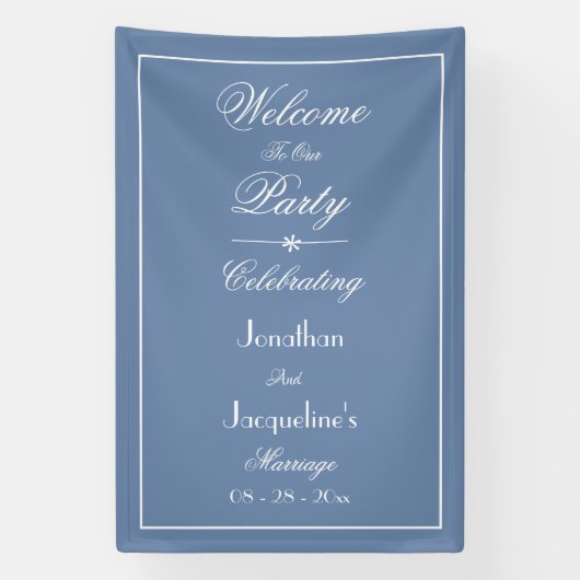 Dusty Blauw Script Elegant Bruiloft Welkom Achterg Spandoek (Verticaal)