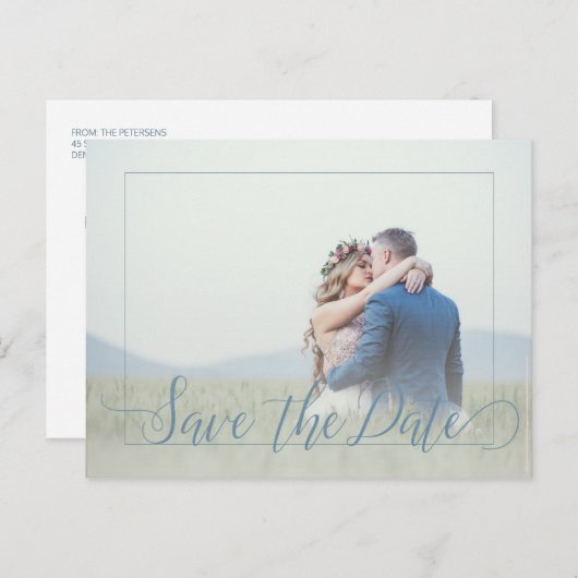 Dusty blauw script lente foto save date bruiloft aankondigingskaart (Voorkant / Achterkant)