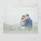 Dusty blauw script lente foto save date bruiloft aankondigingskaart (Voorkant)