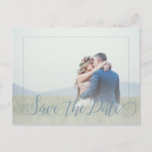 Dusty blauw script lente foto save date bruiloft aankondigingskaart (Voorkant)