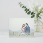 Dusty blauw script lente foto save date bruiloft aankondigingskaart (Staand voorkant)