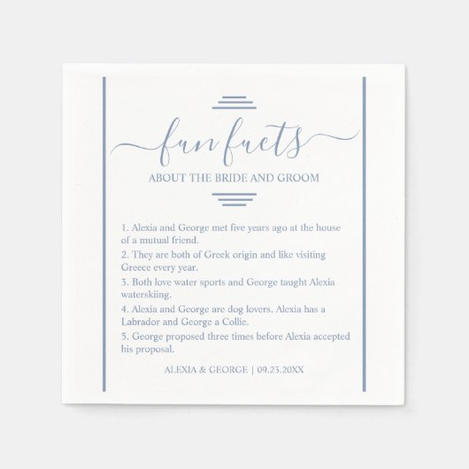 Dusty blauw script typografie Fun Facts bruiloft N Servet (Voorkant)
