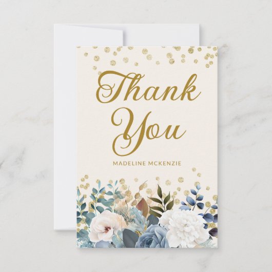 Dusty Blauw Wit Bloemen Verjaardagsfoto Dank u Bedankkaart (Voorkant)
