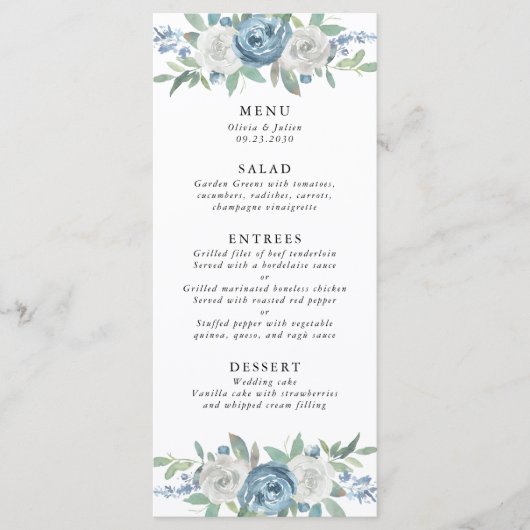 Dusty Blauw & Wit Bruiloft Menu (Voorkant)