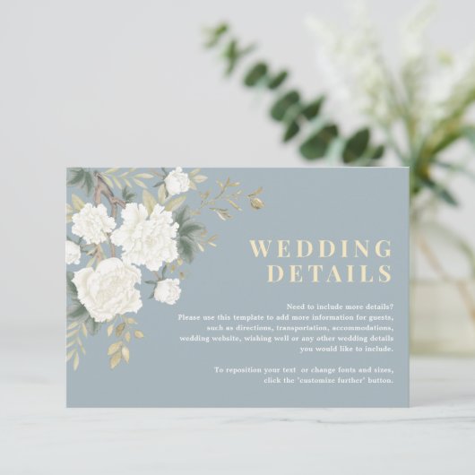 Dusty Blauw Wit Chinoiserie Bruiloft Details Informatiekaartje (Staand voorkant)