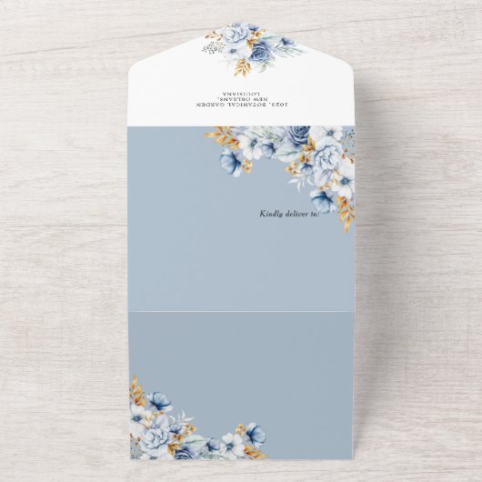 Dusty Blauw Wit Goud Bloemen Bruiloft All In One Uitnodiging (Buitenkant)
