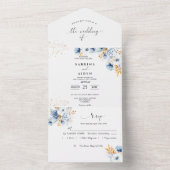 Dusty Blauw Wit Goud Bloemen Bruiloft All In One Uitnodiging (Binnen)