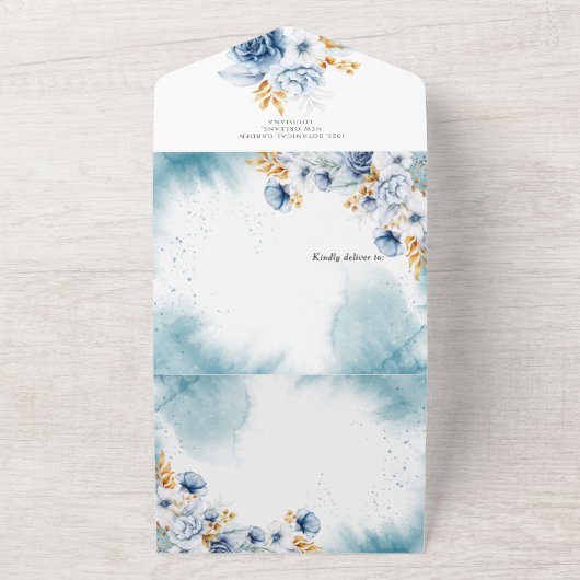Dusty Blauw Wit Goud Bloemen Bruiloft All In One Uitnodiging (Buitenkant)