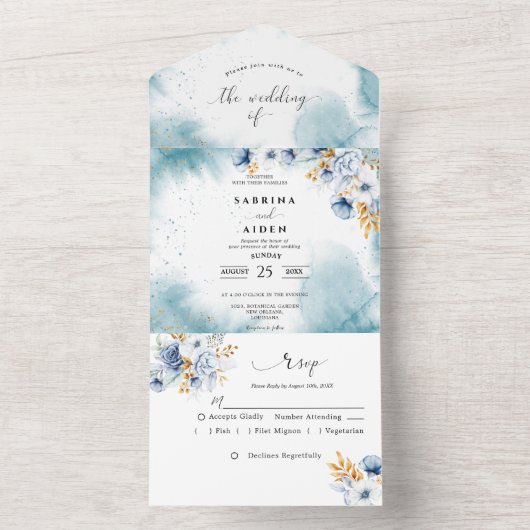 Dusty Blauw Wit Goud Bloemen Bruiloft All In One Uitnodiging (Binnen)