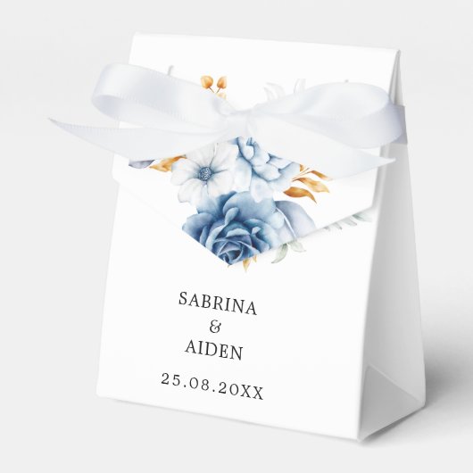 Dusty Blauw Wit Goud Bloemen Bruiloft Bedankdoosjes (Voorkant Zijde)