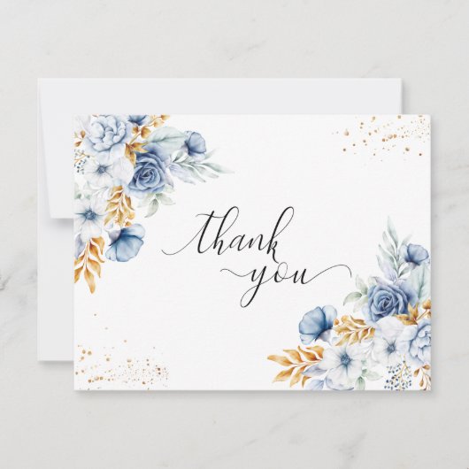 Dusty Blauw Wit Goud Bloemen Bruiloft Bedankkaart (Voorkant)