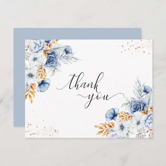 Dusty Blauw Wit Goud Bloemen Bruiloft Bedankkaart (Voorkant / Achterkant)