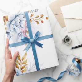 Dusty Blauw Wit Goud Bloemen Bruiloft Cadeaupapier