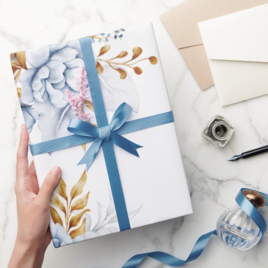 Dusty Blauw Wit Goud Bloemen Bruiloft Cadeaupapier (Geschenken)