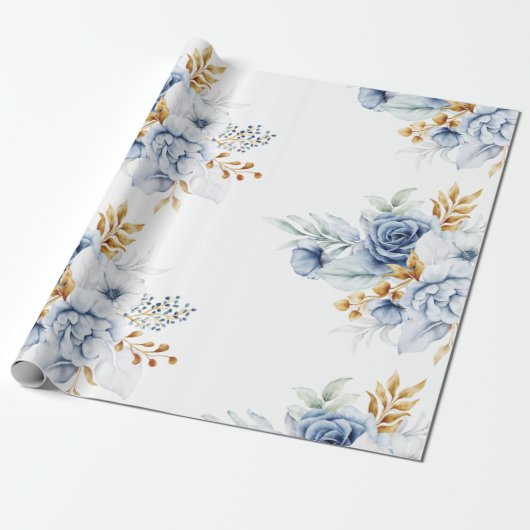 Dusty Blauw Wit Goud Bloemen Bruiloft Cadeaupapier (Uitgerold)