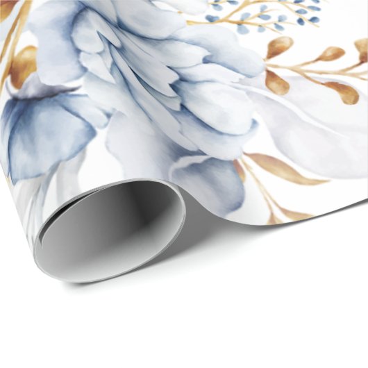 Dusty Blauw Wit Goud Bloemen Bruiloft Cadeaupapier (Rol Hoek)