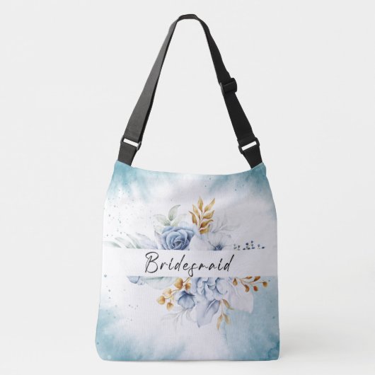 Dusty Blauw Wit Goud Bloemen Bruiloft Crossbody Tas (Voorkant)