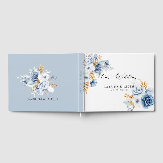 Dusty Blauw Wit Goud Bloemen Bruiloft Gastenboek (Volledig)