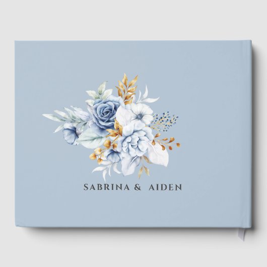 Dusty Blauw Wit Goud Bloemen Bruiloft Gastenboek (Achterkant)