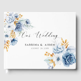 Dusty Blauw Wit Goud Bloemen Bruiloft Gastenboek