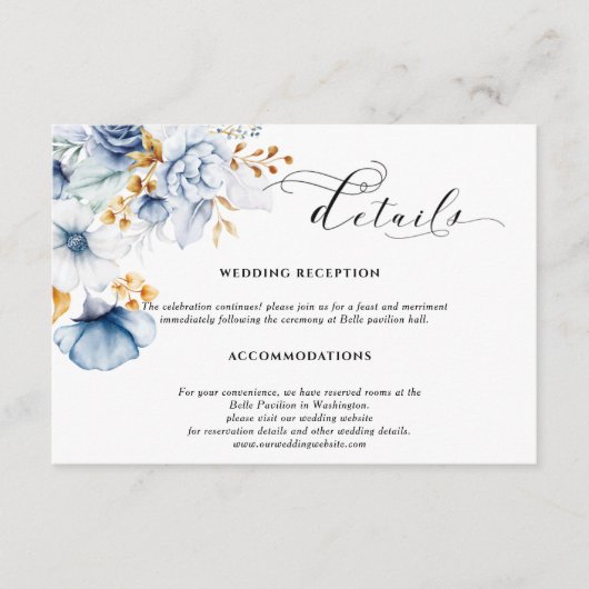 Dusty Blauw Wit Goud Bloemen Bruiloft Informatiekaartje (Voorkant)
