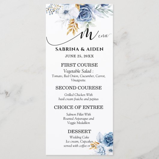 Dusty Blauw Wit Goud Bloemen Bruiloft Menu (Voorkant)