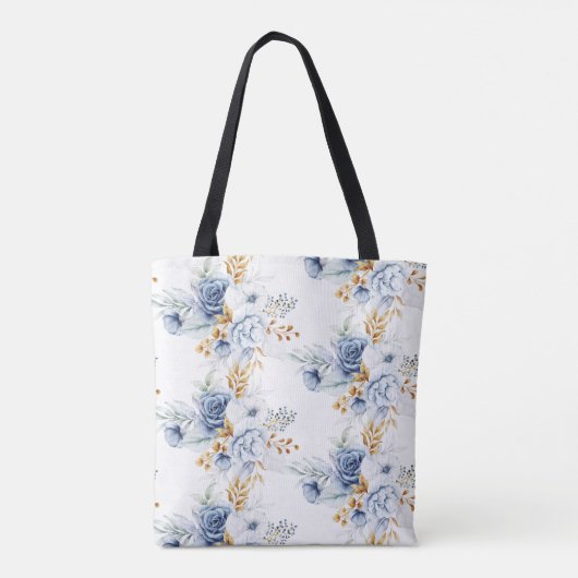 Dusty Blauw Wit Goud Bloemen Bruiloft Tote Bag (Achterkant)