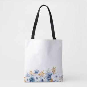 Dusty Blauw Wit Goud Bloemen Bruiloft Tote Bag