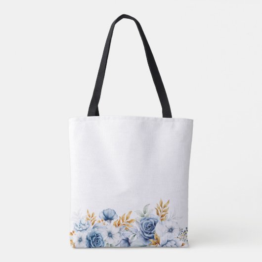 Dusty Blauw Wit Goud Bloemen Bruiloft Tote Bag (Achterkant)