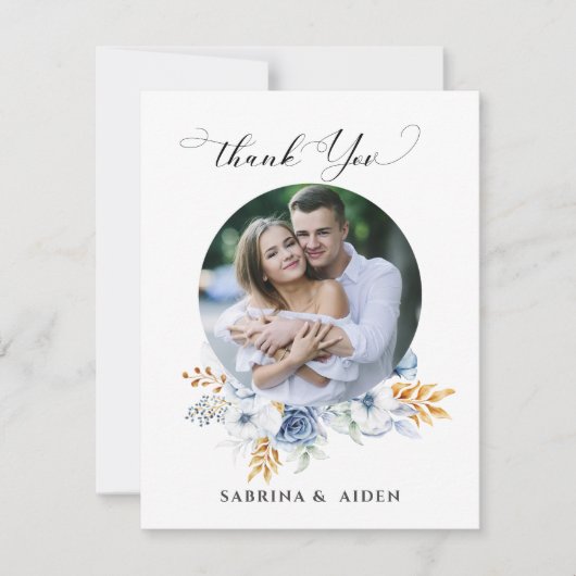 Dusty Blauw Wit Goud Bloemen Foto Bedankkaart (Voorkant)