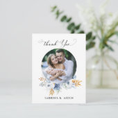 Dusty Blauw Wit Goud Bloemen Foto Bedankkaart (Staand voorkant)