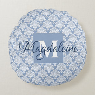 Dusty Blauw & Wit Monogrammed Naam Damask Rond Kussen