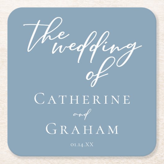Dusty Blauw Wit Typografie Kustbruiloft Kartonnen Onderzetters (Voorkant)