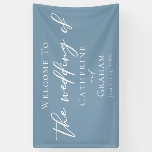 Dusty Blauw Wit Typografie Kustbruiloft Spandoek (Verticaal)