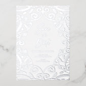 Dusty Blauw Zilver Bloemen Blad Kant Bruiloft Folie Uitnodiging (Voorkant)