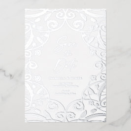 Dusty Blauw Zilver Bloemen Blad Kant Bruiloft Folie Uitnodiging