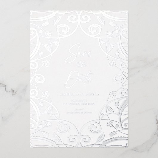 Dusty Blauw Zilver Bloemen Blad Kant Bruiloft Folie Uitnodiging (Voorkant)