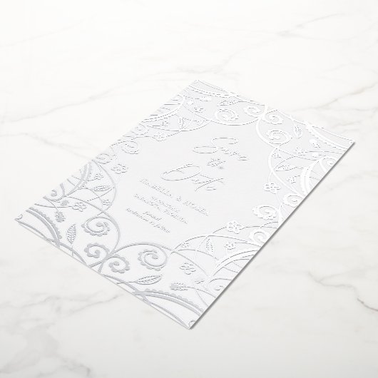 Dusty Blauw Zilver Bloemen Blad Kant Bruiloft Folie Uitnodiging (Gedraaid)