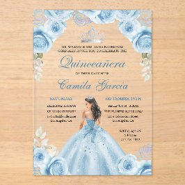 Dusty Blauw & Zilver Bloemen Prinses Quinceañera Acryl Uitnodigingen