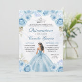 Dusty Blauw & Zilver Bloemen Prinses Quinceañera Kaart (Staand voorkant)