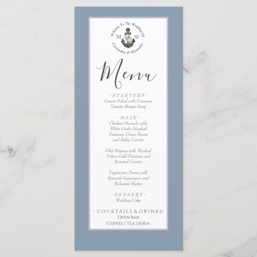 Dusty Blauw zilver grijs, nautische thema bruiloft Menu (Voorkant)