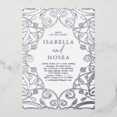 Dusty Blauw Zilveren Folie Bloemen Kant Bruiloft Folie Uitnodiging (Voorkant)