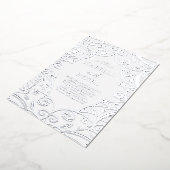 Dusty Blauw Zilveren Folie Bloemen Kant Bruiloft Folie Uitnodiging (Gedraaid)