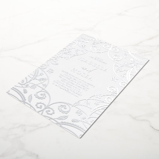 Dusty Blauw Zilveren Folie Bloemen Kant Bruiloft Folie Uitnodiging (Gedraaid)