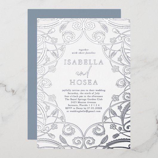 Dusty Blauw Zilveren Folie Bloemen Kant Bruiloft Folie Uitnodiging (Voorkant / Achterkant)