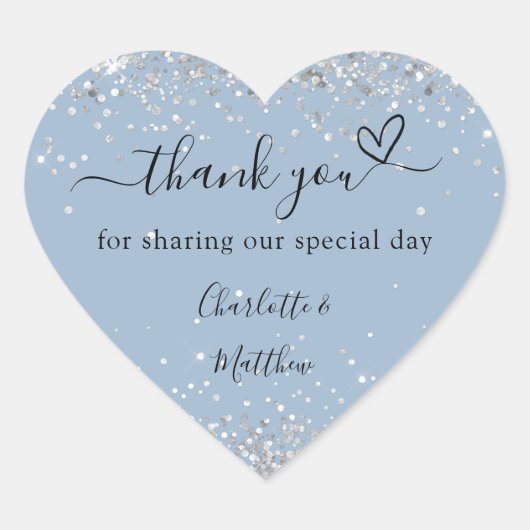 Dusty blauw zilveren hart dank u bruiloft hart sticker (Voorkant)
