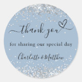 Dusty blauw zilveren hart dank u bruiloft ronde sticker (Voorkant)